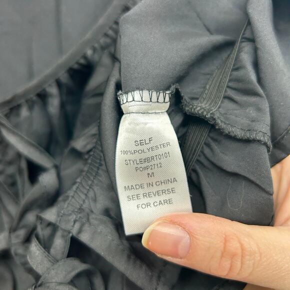 KITTENISH Black Satin Tie Front Cropped Crop Long Sleeve Blouse Top Medium - Picture 7 of 8